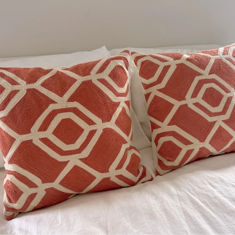 Pottery Barn Pair Pillow Covers AND INSERTS Orange Geometric 20” square.